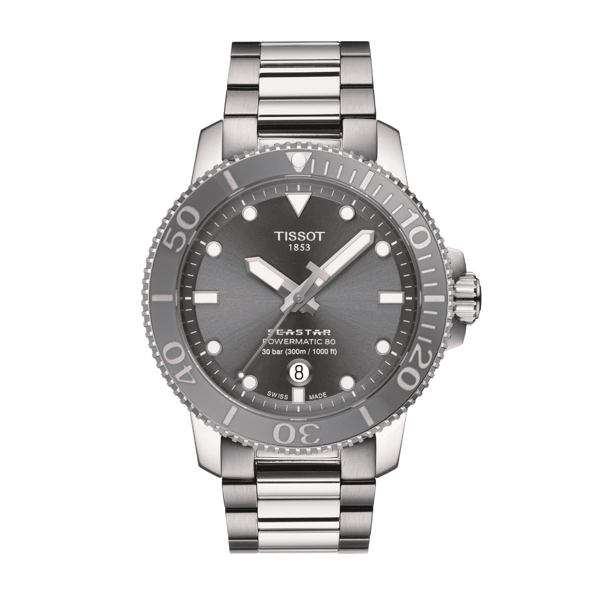 stainless steel watch with dark gray dial