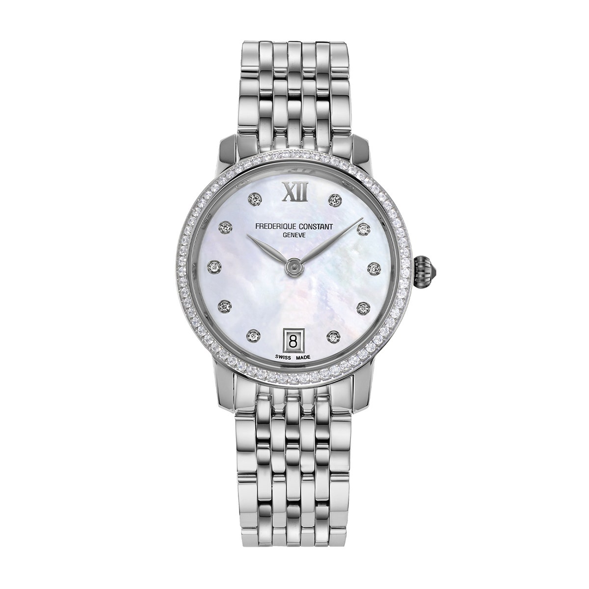 Stainless steel diamond accent mother of pearl dial ladies' Frederique Constant classics slimline quartz watch