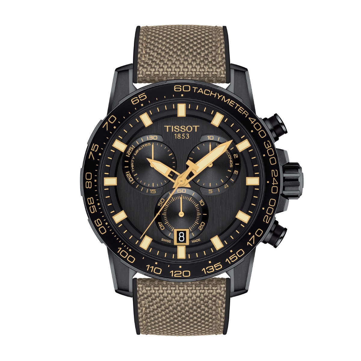 black stainless steel watch with brown fabric and black rubber strap