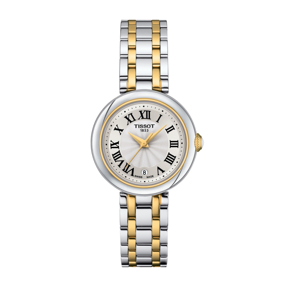 white and gold-tone stainless steel watch with silver dial