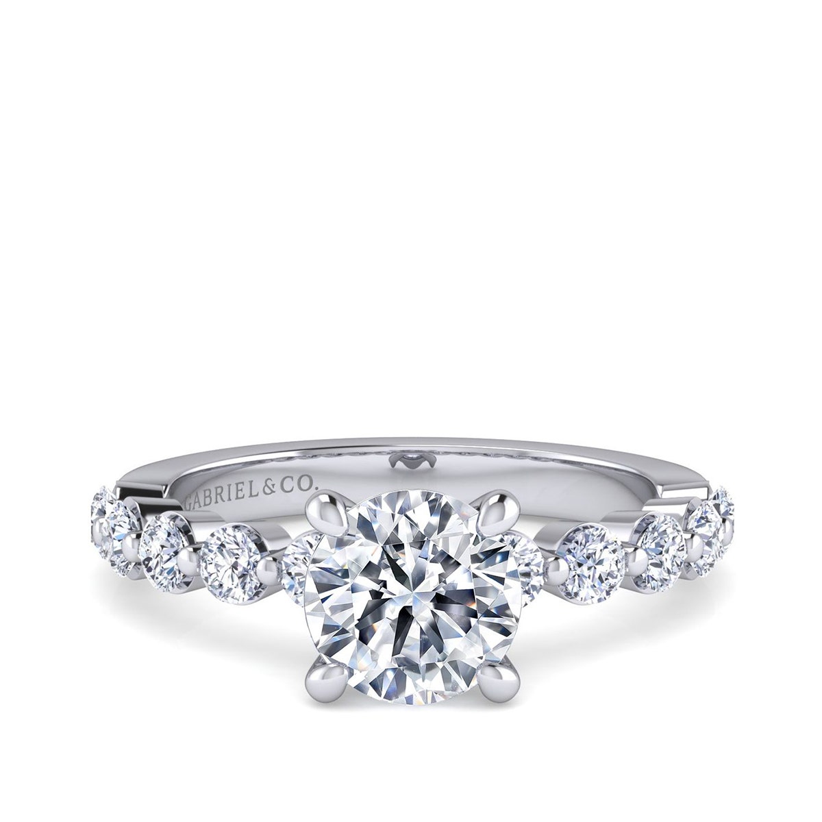 white gold round shared prong diamond semi-mount engagement ring with round CZ center