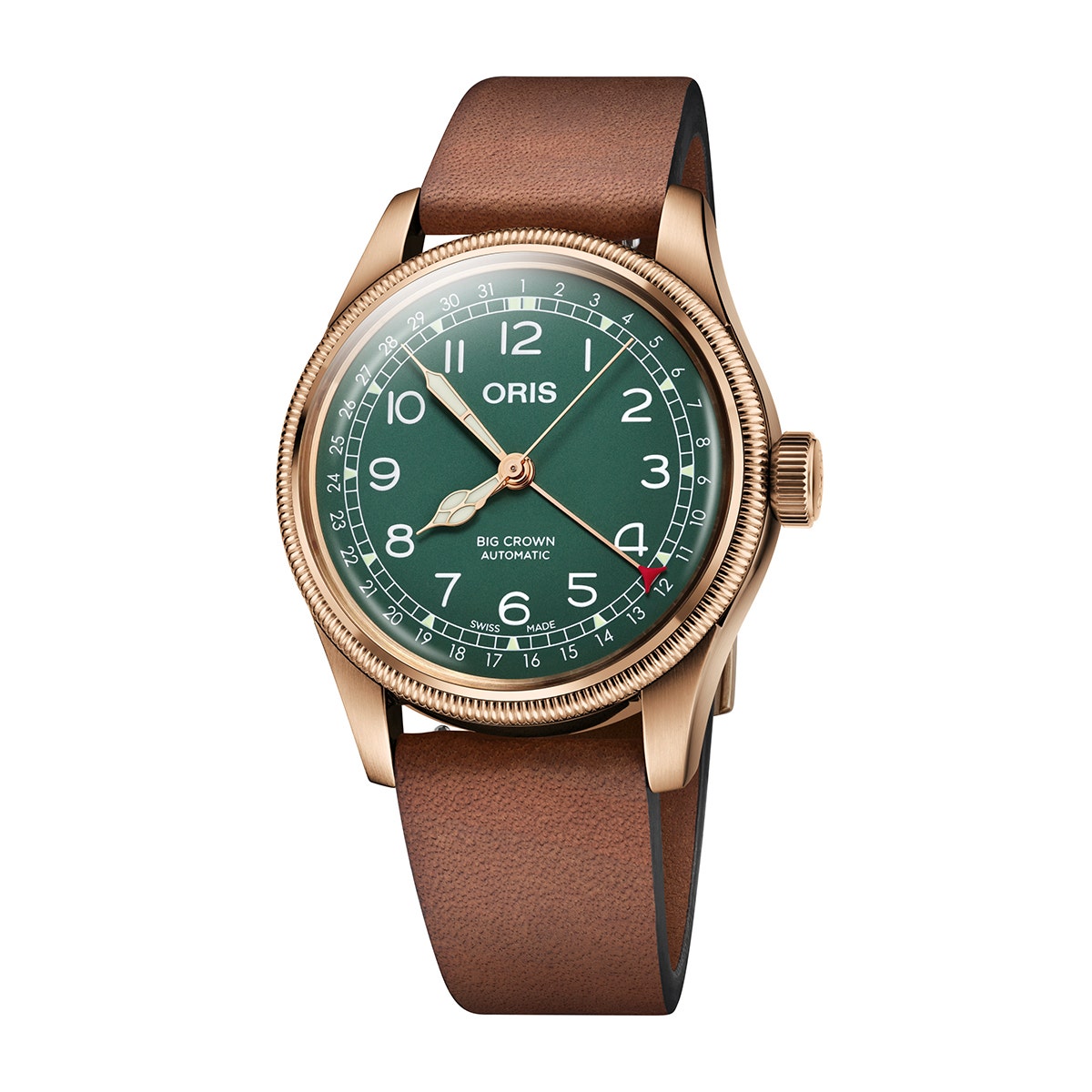 Oris Men's Big Crown Pointer Date Automatic Bronze Watch with Green Dial & Leather Strap