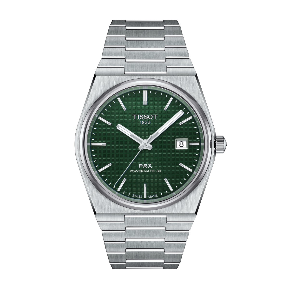 stainless steel watch with green dial