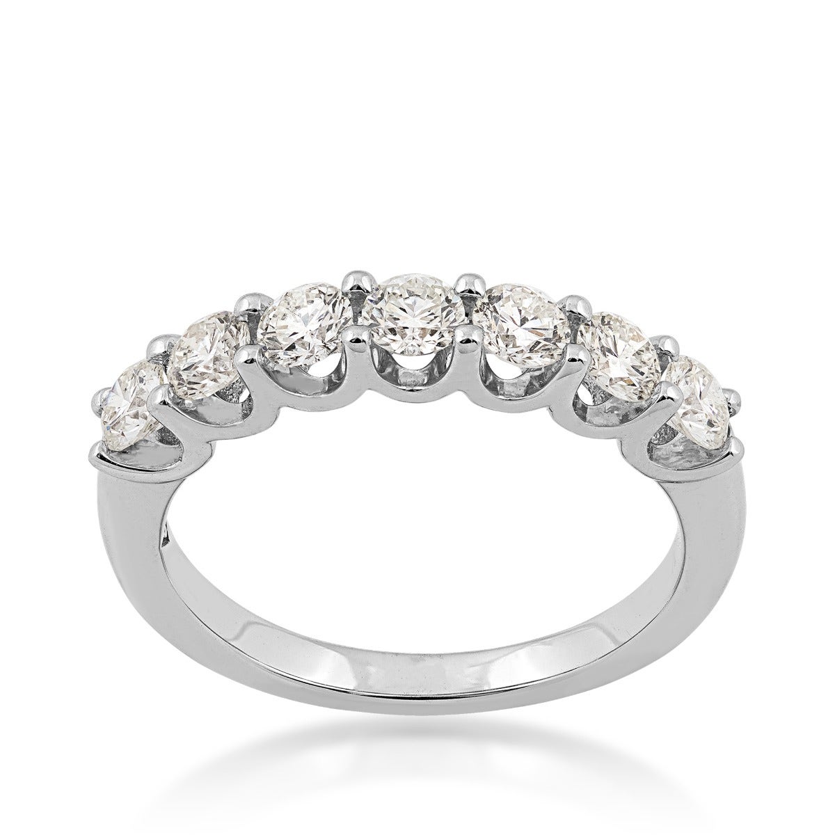 Round diamond seven stone prong set anniversary band in white gold