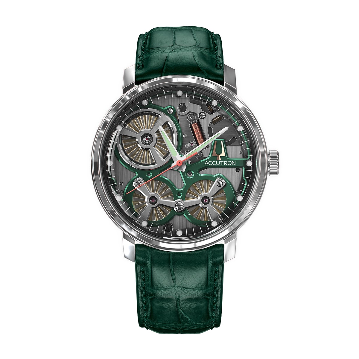 Stainless steel grey & green open-work dial Accutron watch with green alligator strap