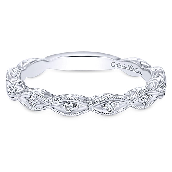 Gabriel & Co. .13 ct. tw. Vintage Style Wedding Band with Side Chevron Design and Milgrain Edging in 14K White Gold - WB4122W44JJ