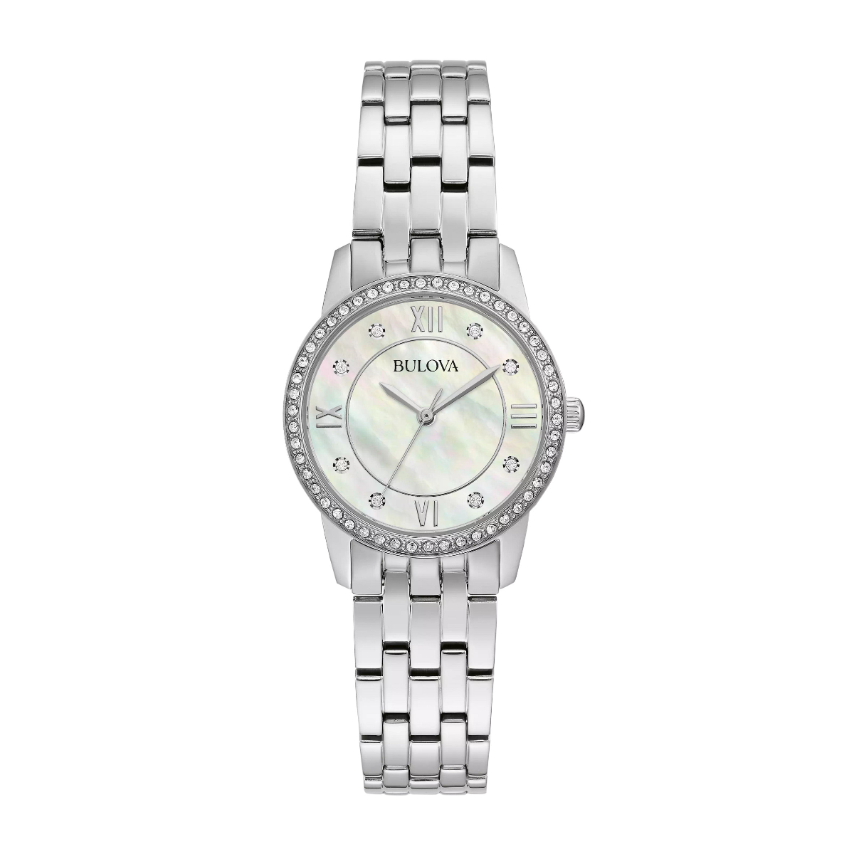 stainless steel watch with mother of pearl dial and crystal accents