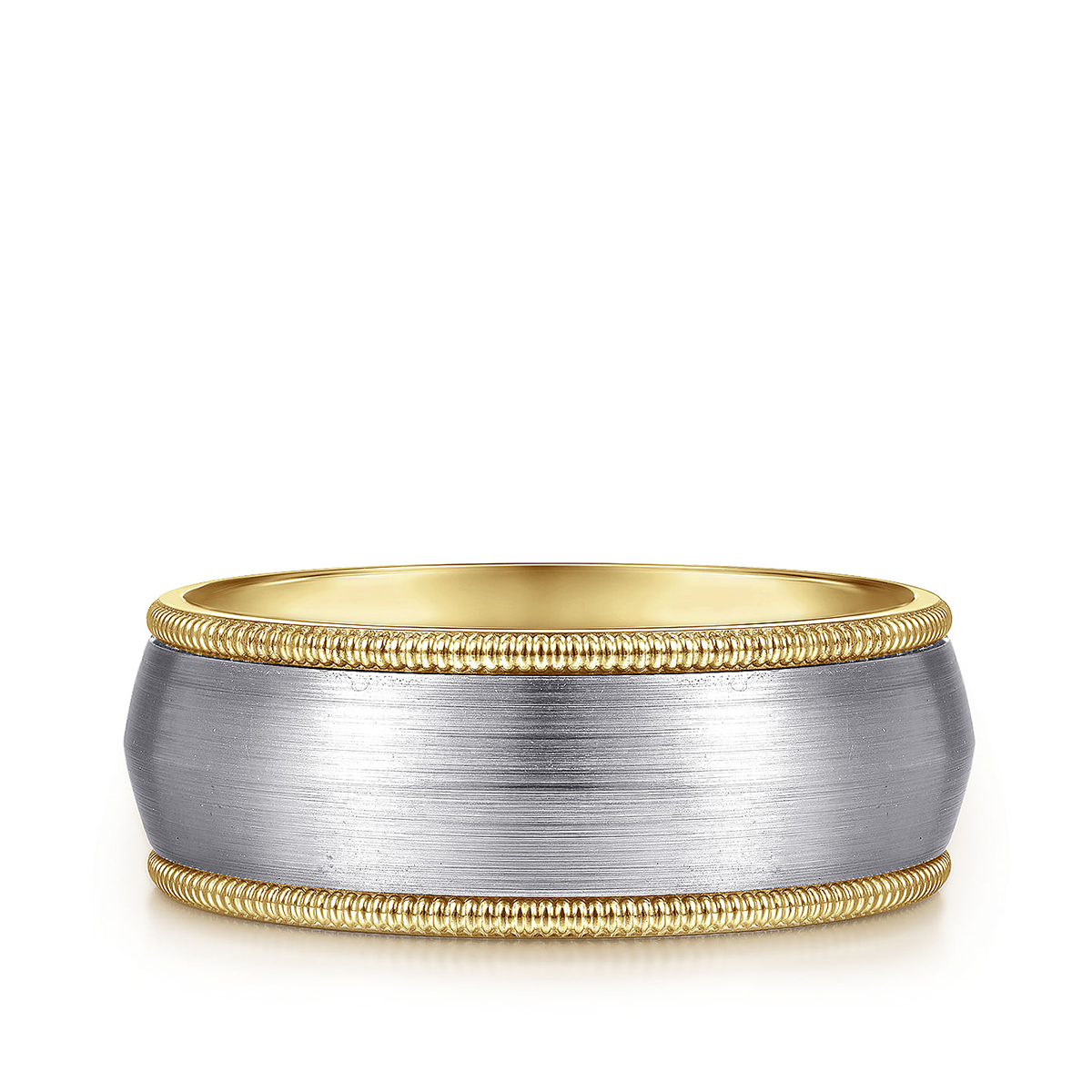 Gabriel & Co. Aaron Men's 8mm Satin Finish Rope Edge Wedding Ring in 14K White & Yellow Gold