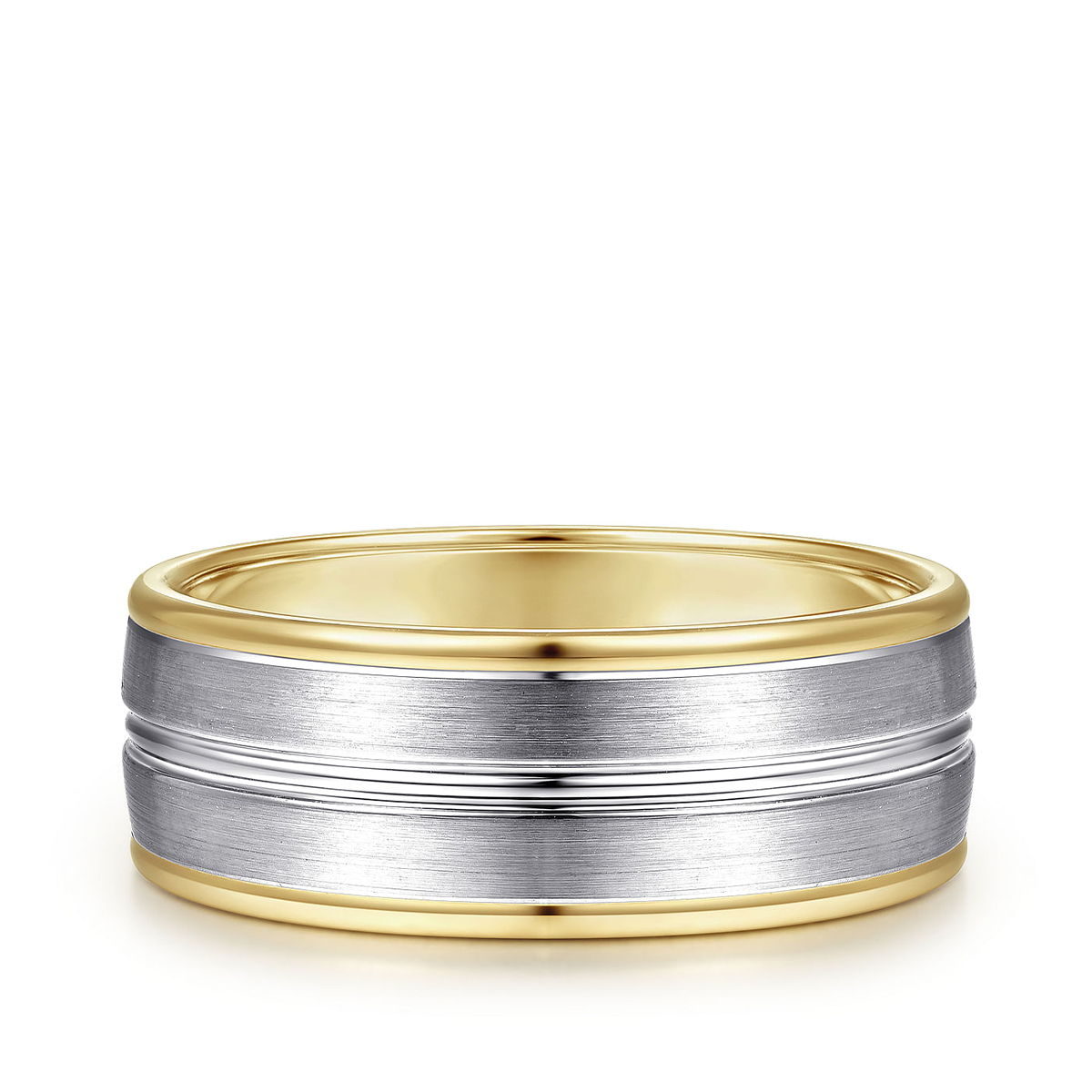 Gabriel & Co. Beaux Men's 8mm Satin Finish Center Line Wedding Ring in 14K White & Yellow Gold