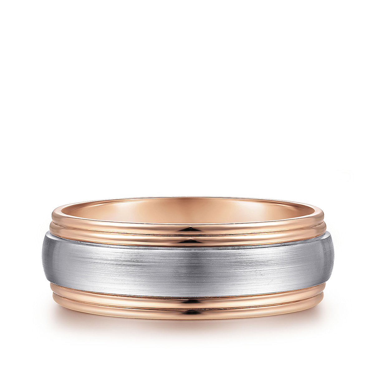 Gabriel & Co. Derek Men's 8mm Satin Finish Step Edge Wedding Ring in 14K White & Pink Gold