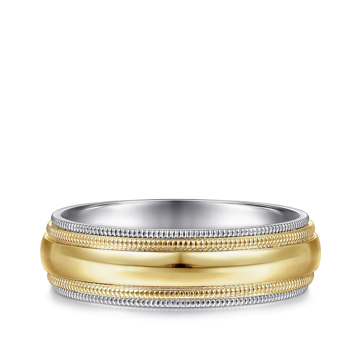 Gabriel & Co. Damien Men's 6mm Polished Finish Milgrain Step Edge Wedding Ring in 14K Yellow & White Gold
