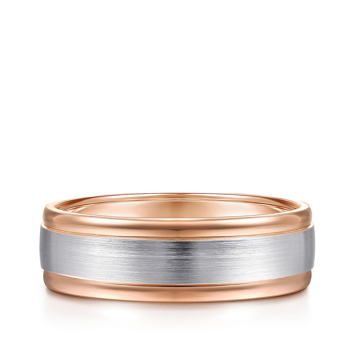 Gabriel & Co. David Men's 7mm Satin Finish Polished Edge Wedding Ring in 14K White & Pink Gold