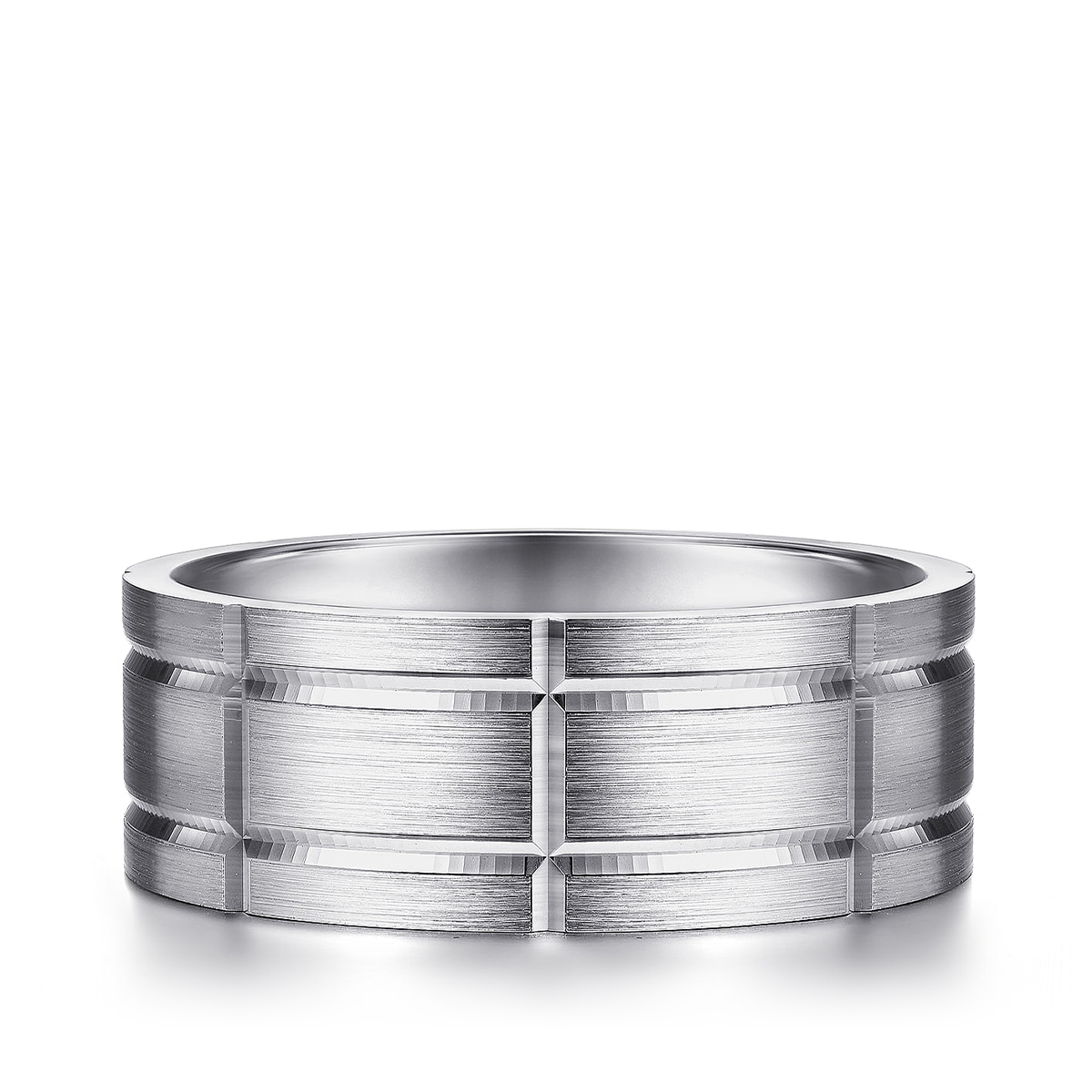 Gabriel & Co. Brian Men's 8mm Satin Finish Checkered Wedding Ring in 14K White Gold