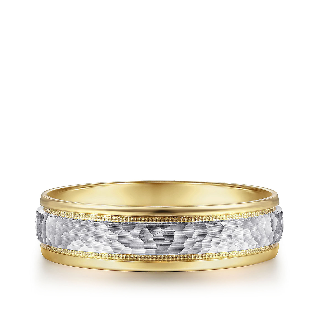 Gabriel & Co. Archie Men's 6mm Hammered Finish Polished Edge Wedding Ring in 14K White & Yellow Gold