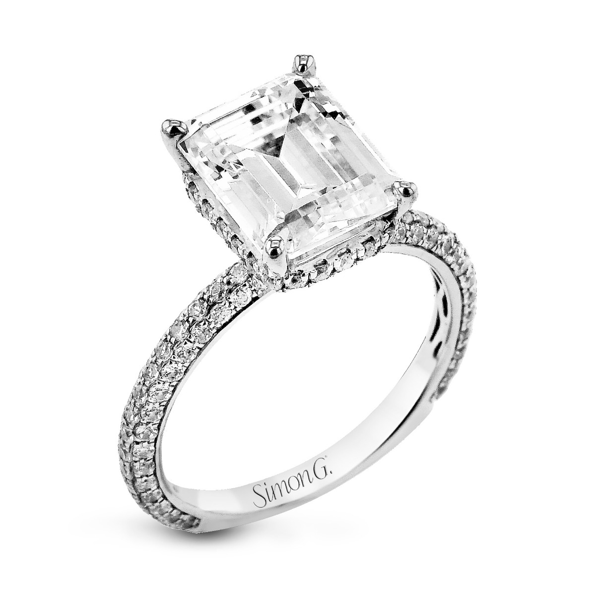 Simon G. 7/8 ct. tw. Diamond Hidden Halo Emerald Cut Semi-Mount Engagement Ring in 18K White Gold