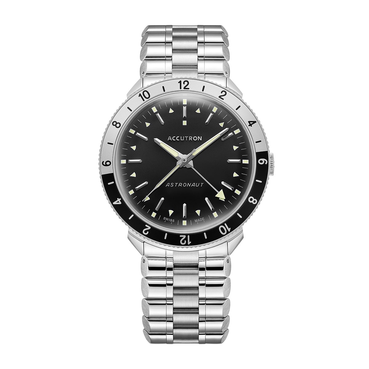 Stainless steel black dial Accutron watch with day & night bezel