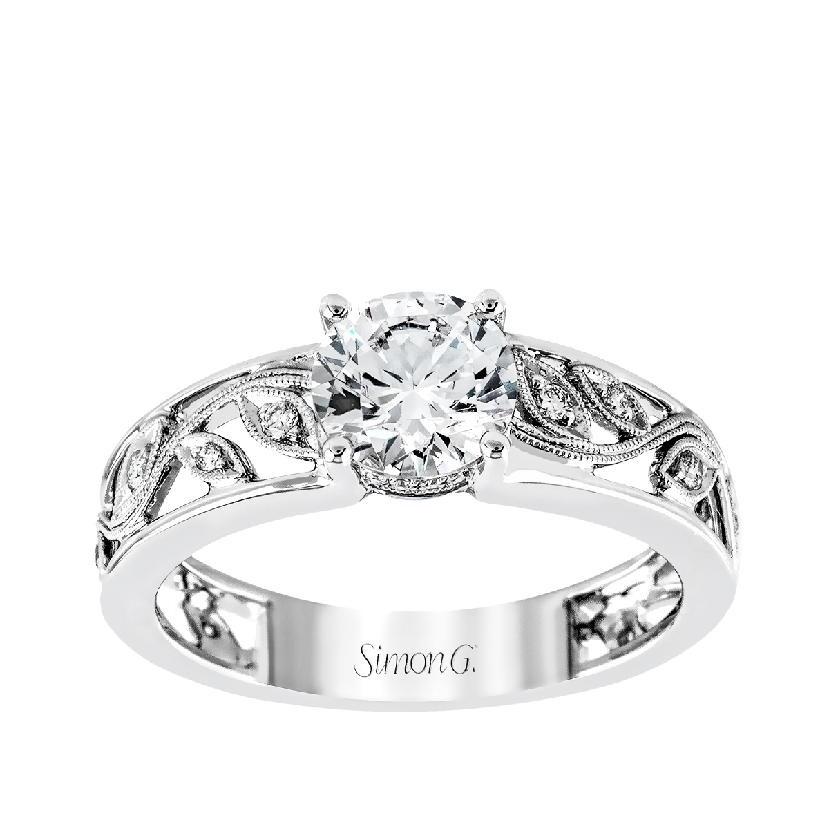 18K white gold 1/10 ct. tw. diamond milgrain floral Simon G. round semi-mount engagement ring