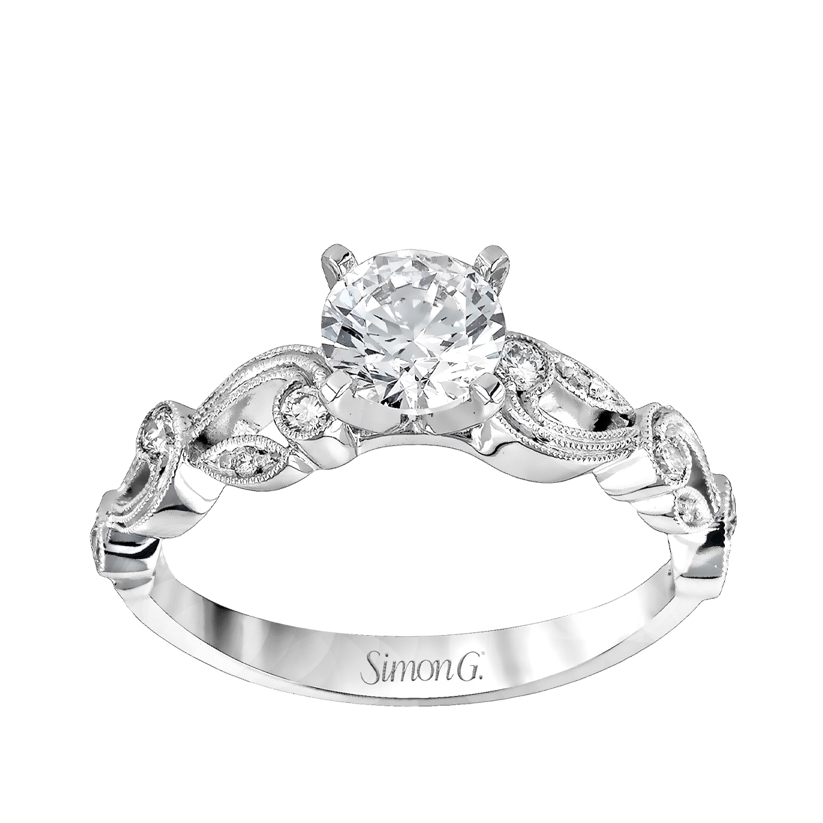 18K white gold 1/7 ct. tw. diamond milgrain floral Simon G. round semi-mount engagement ring