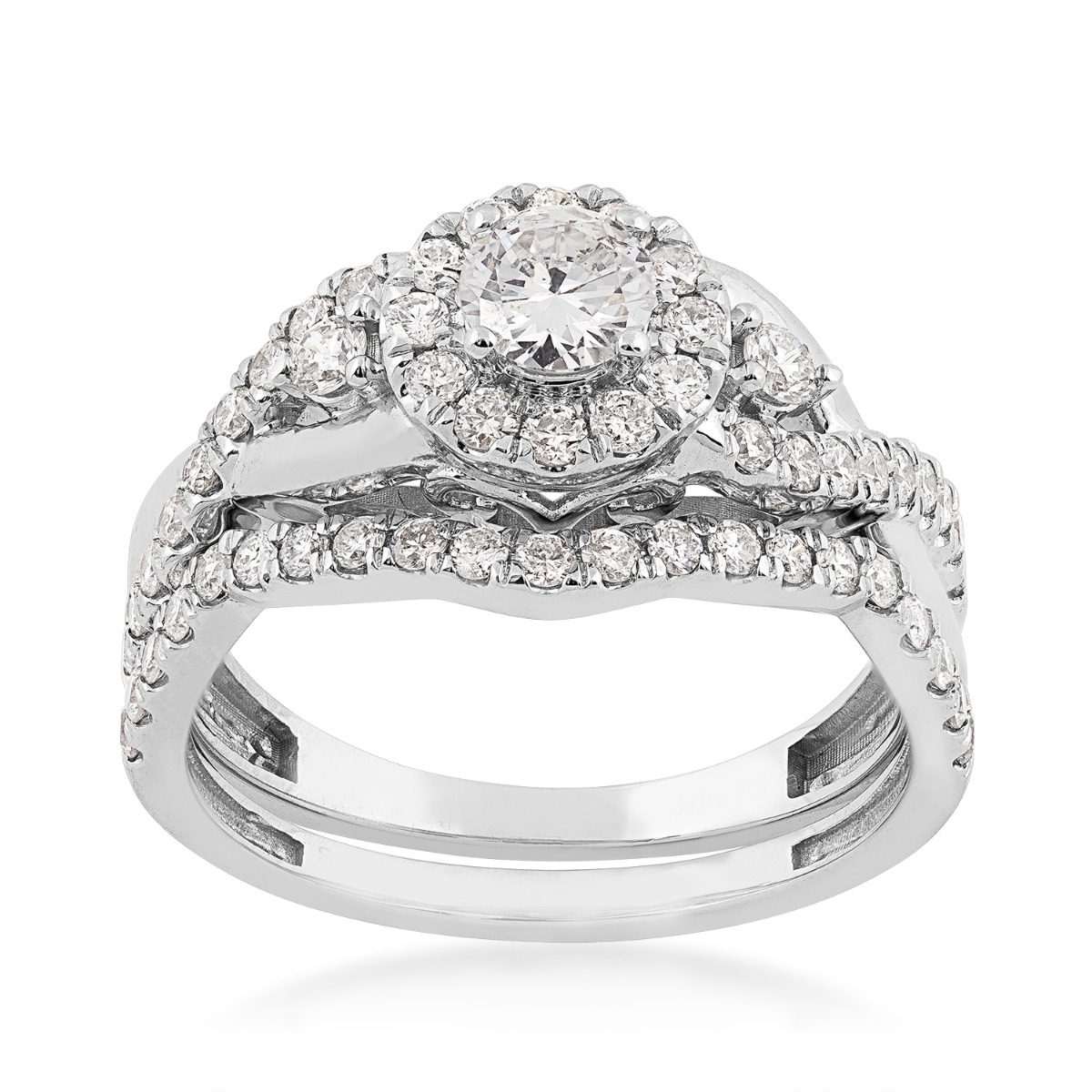 Natural 1 ct. tw. Round Brilliant Diamond Halo Twist Wedding Set in 14K White Gold