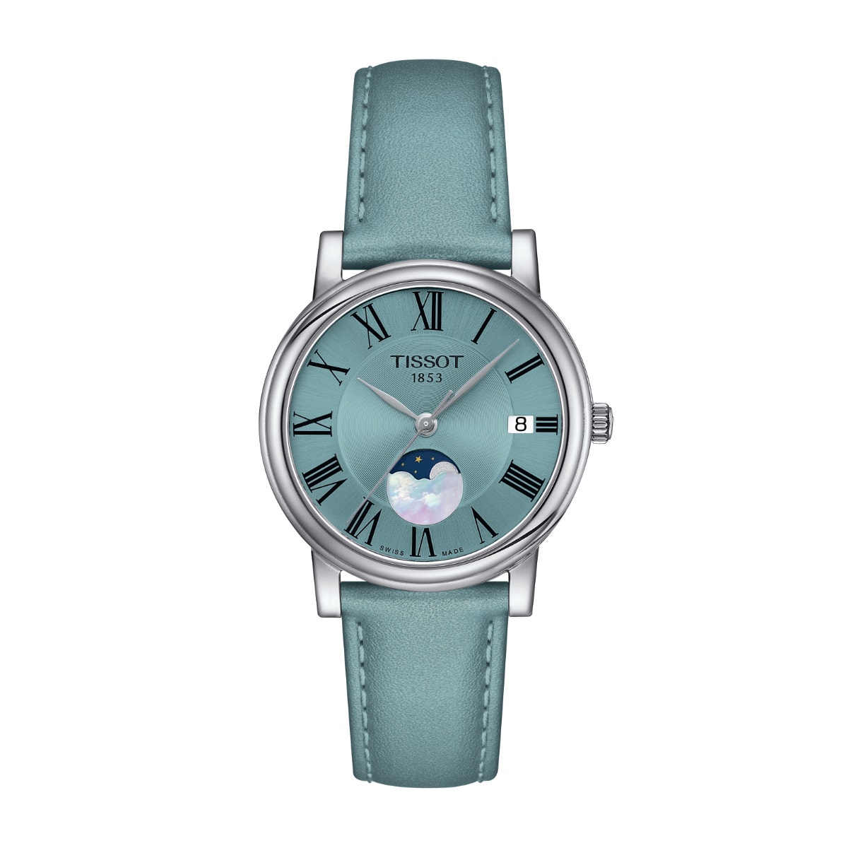 stainless steel teal dial watch with moon sky window and teal leather strap