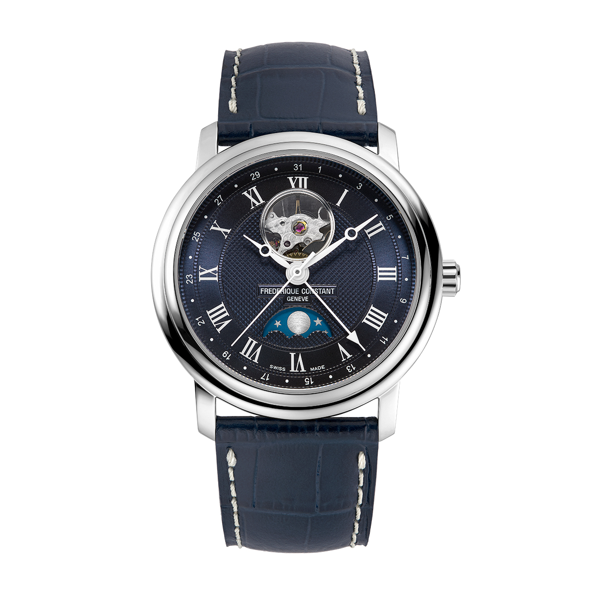 Stainless steel navy open aperture dial & leather strap men's Frederique Constant automatic watch