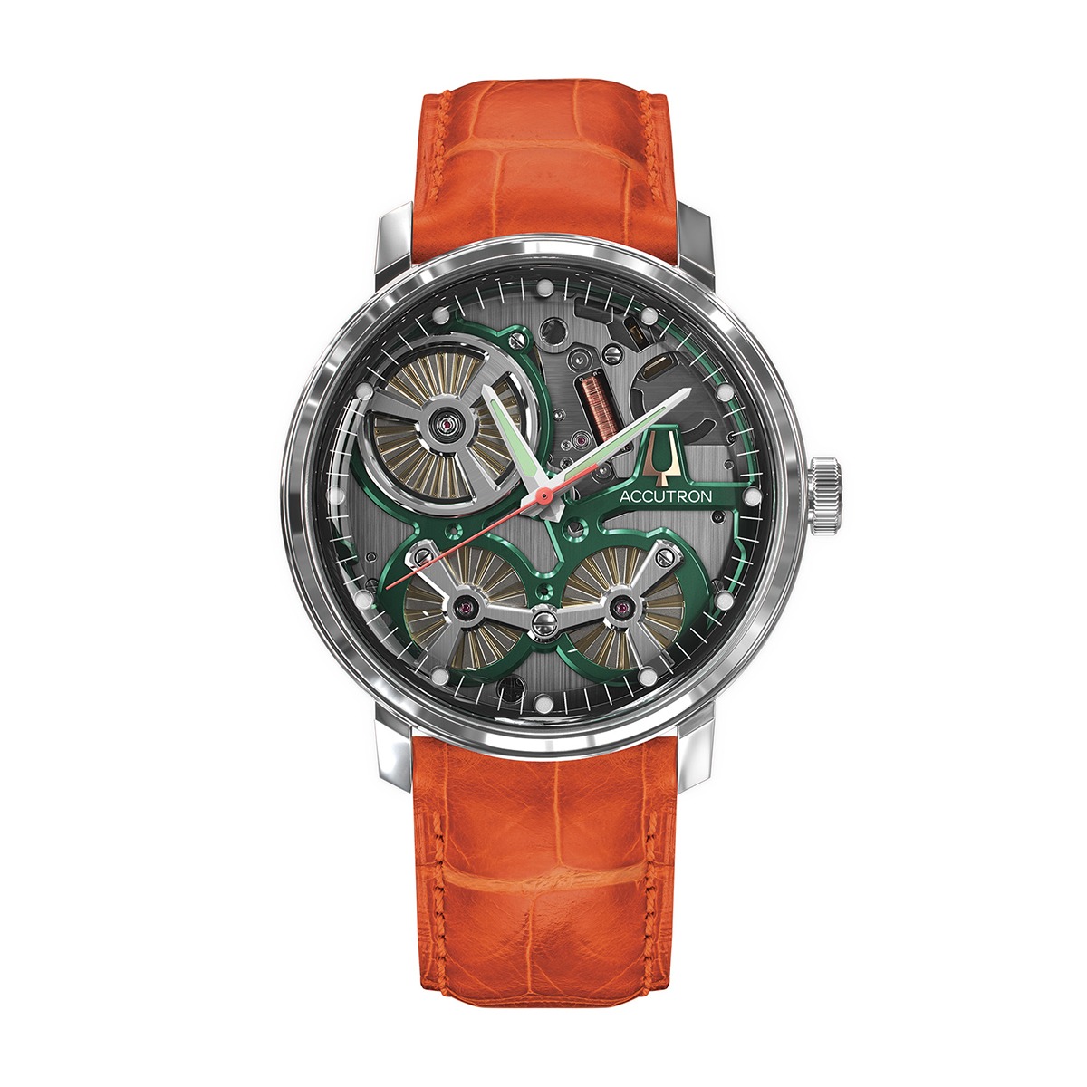 Accutron Men's Spaceview 2020 Automatic Stainless Steel Watch with Gray Dial & Orange Leather Strap