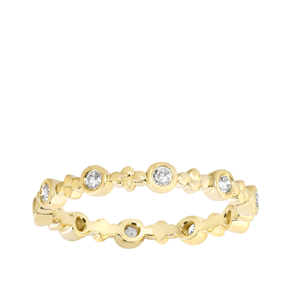 14K yellow gold 1/5 ct. tw. round diamond bezel set beaded JustDesi stackable ring