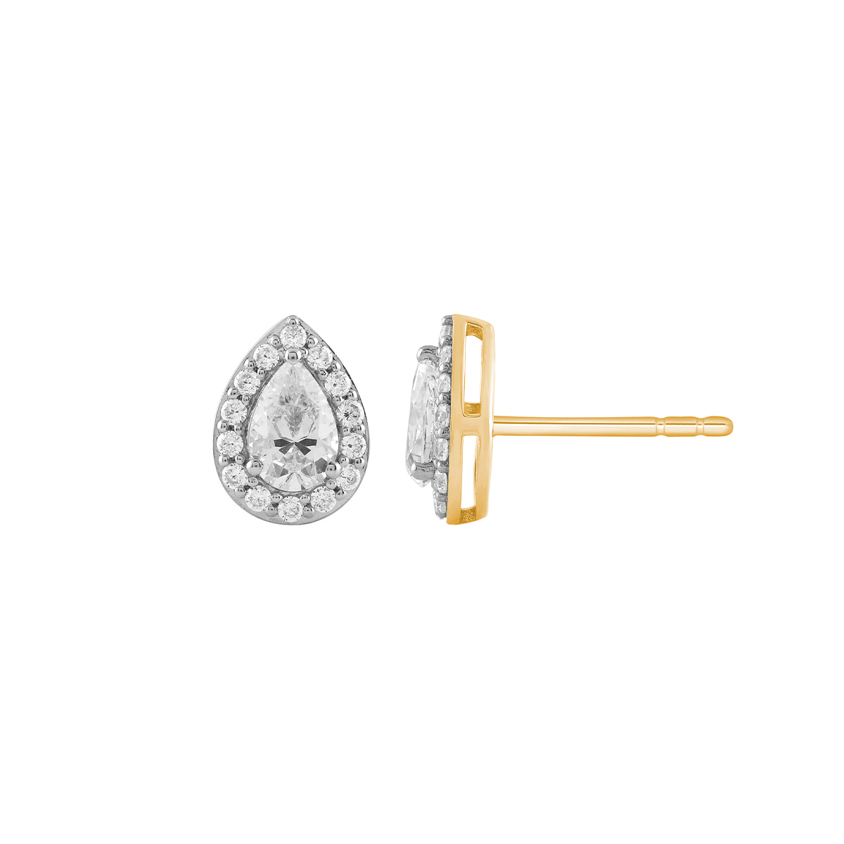 14K yellow gold 1 ct. tw. pear diamond halo earrings with rhodium plated prongs