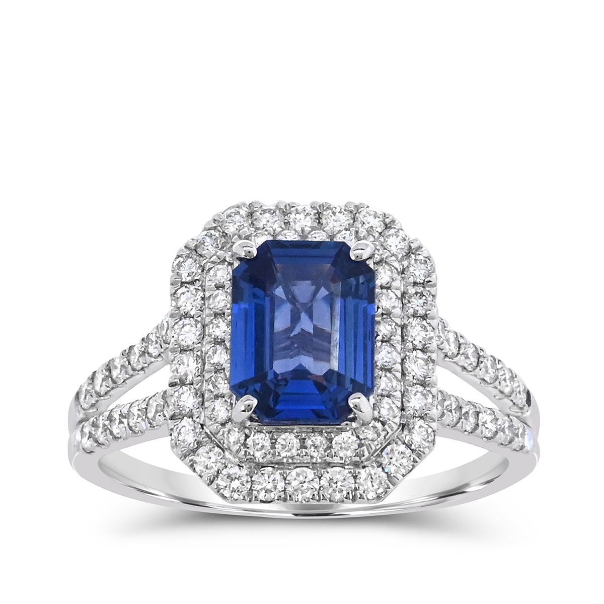 Emerald Cut Sapphire & 5/8 ct. tw. Diamond Double Halo Split Shank Ring in 14K White Gold