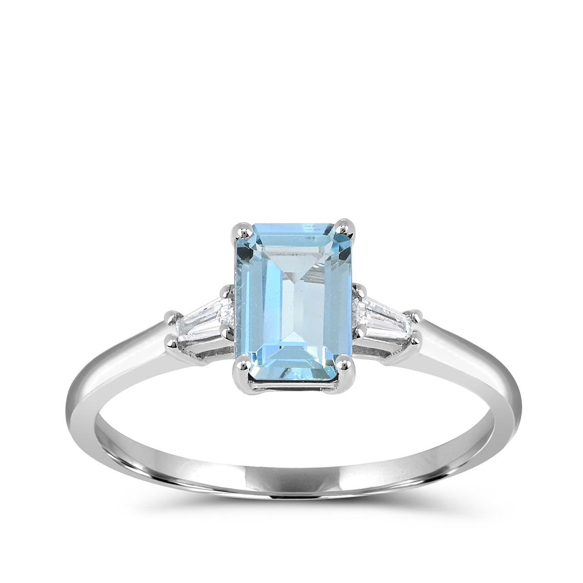 Emerald Cut Aquamarine & Tapered Baguette White Sapphire Ring in 14K White Gold