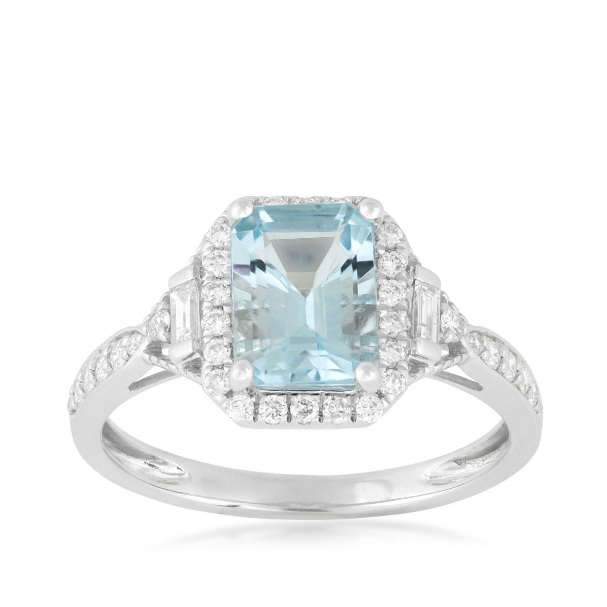 14K white gold emerald cut aquamarine & 1/3 ct. tw. diamond halo ring