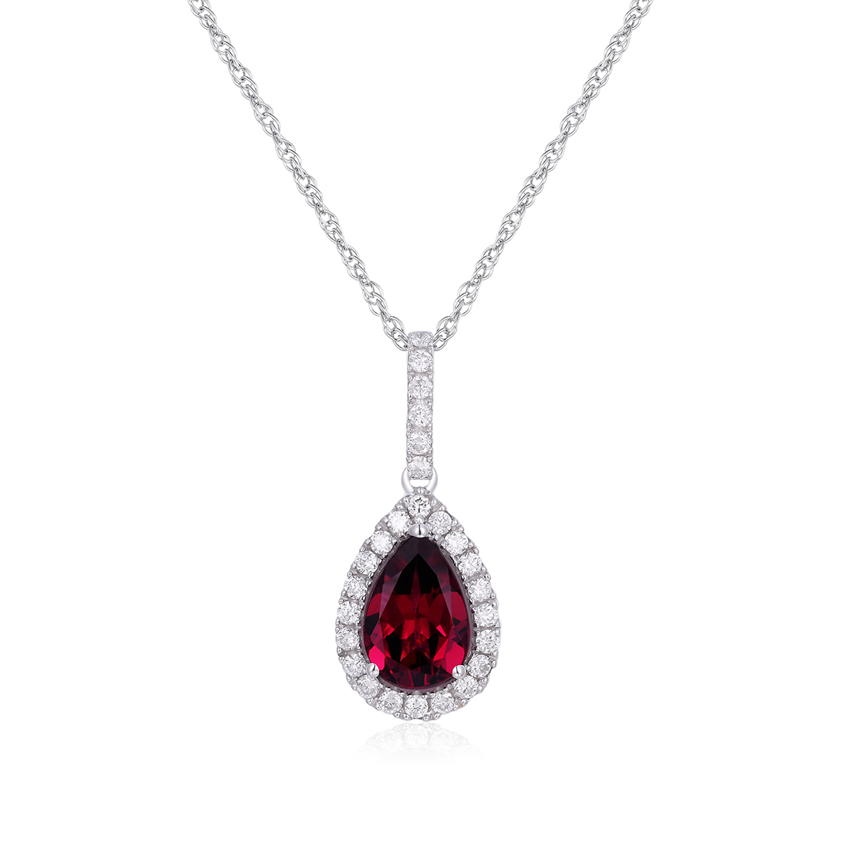 14K white gold pear rhodolite garnet and 1/4 ct. tw. diamond halo dangle pendant