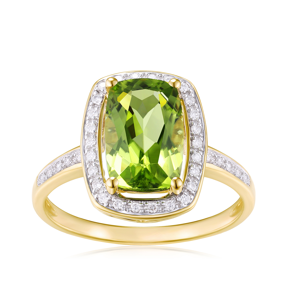 14K yellow gold cushion peridot & 1/10 ct. tw. diamond halo ring