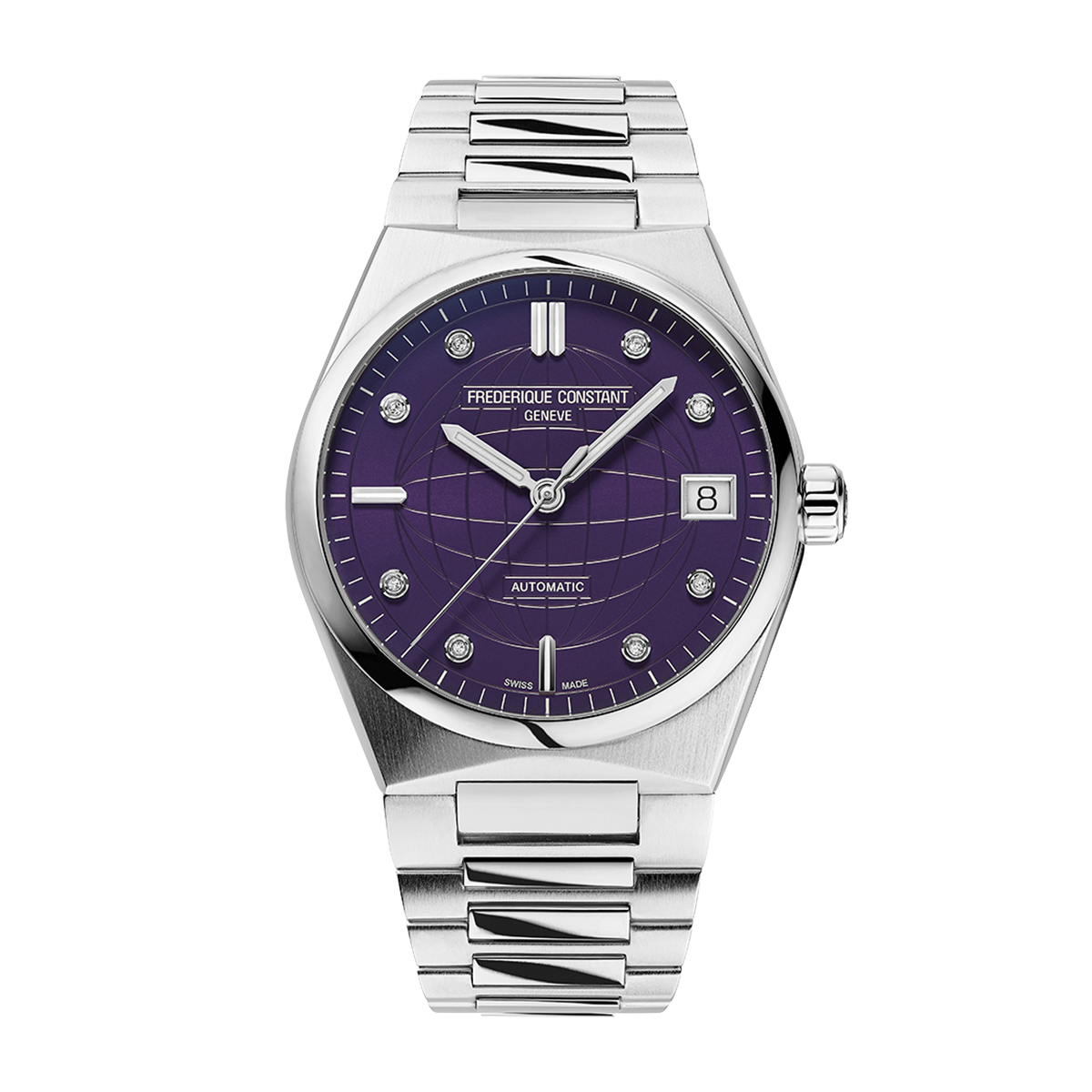 Stainless steel diamond accent purple globe pattern dial ladies' Frederique Constant automatic watch