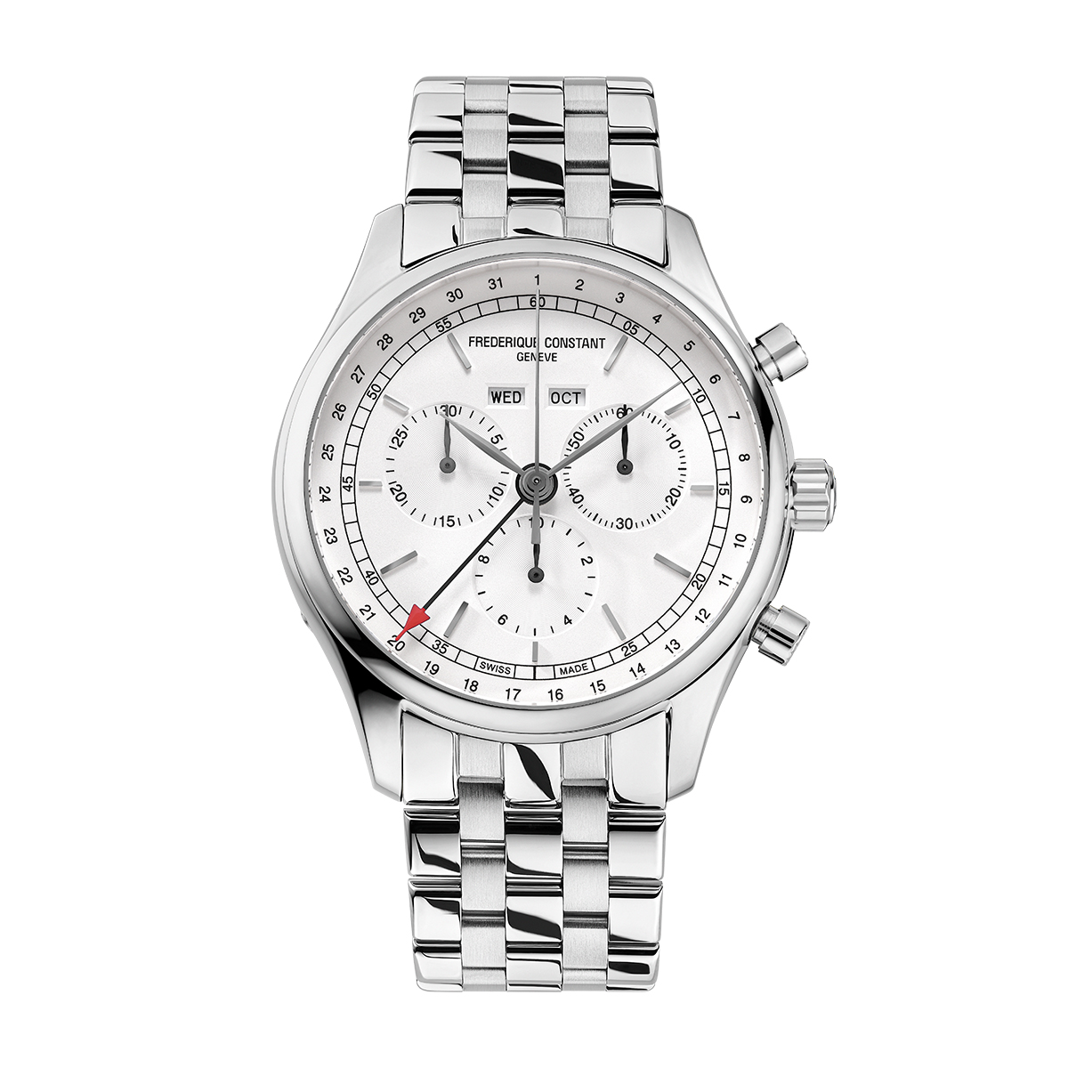 Stainless steel calendar white dial men's Frederique Constant quartz chronograph watch