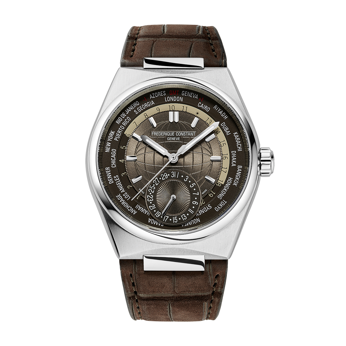Stainless steel brown globe pattern dial & leather strap men's Frederique Constant automatic watch