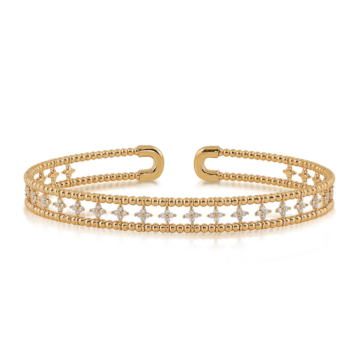 yellow gold openwork beaded flexible bangle bracelet with diamond star-shaped accents