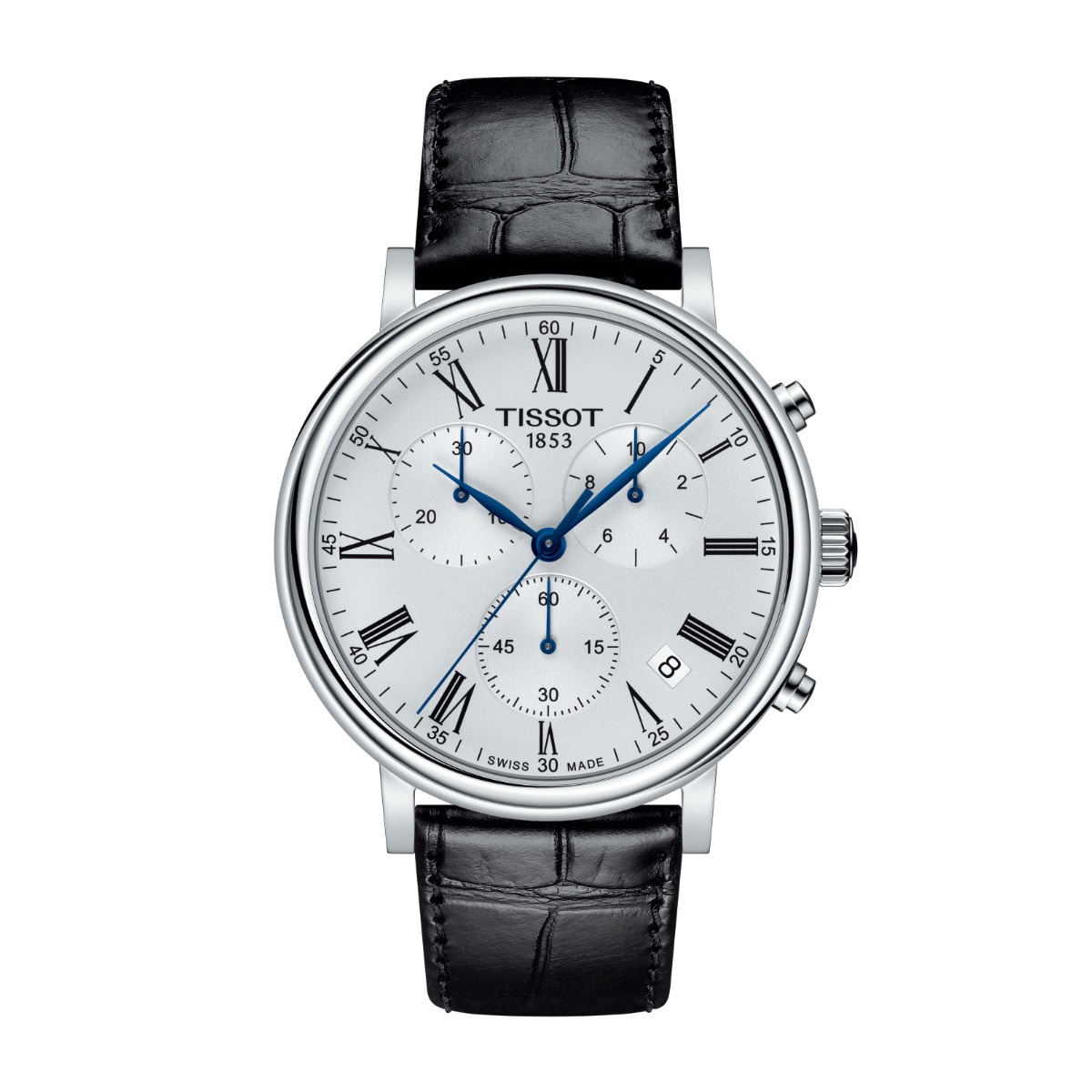 stainless steel watch with silver dial and black leather alligator-texture strap