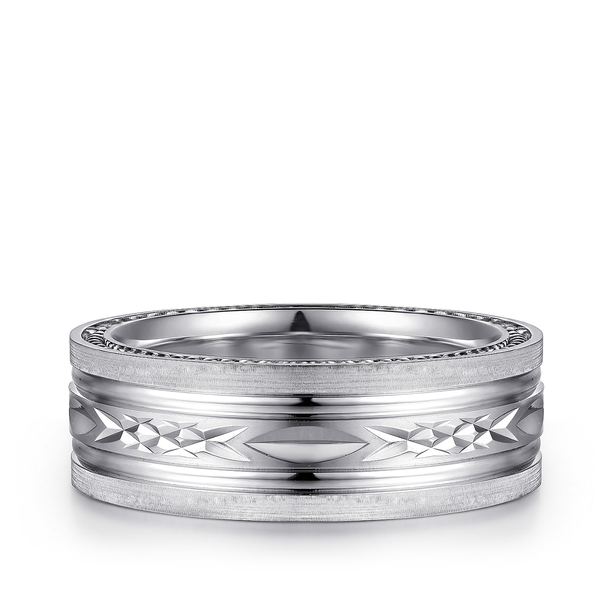 Gabriel & Co. Leo Men's 8mm Satin Finish Carved Milgrain Edge Wedding Ring in 14K White Gold