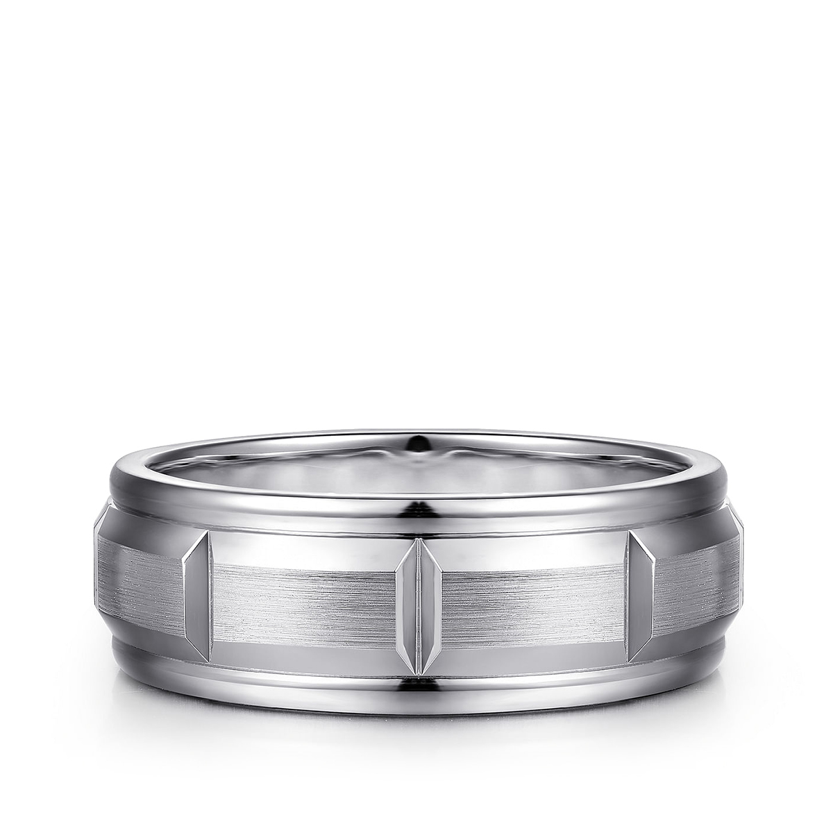 Gabriel & Co. Austin Men's 8mm Satin Finish Carved Station Wedding Ring in 14K White Gold