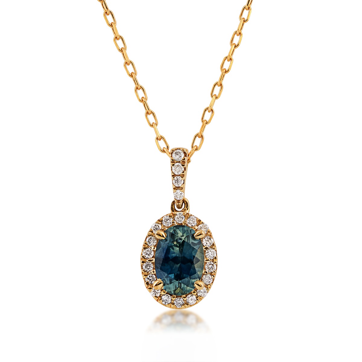 10K yellow gold American Colors oval Montana sapphire and 1/10 ct. tw. diamond halo pendant