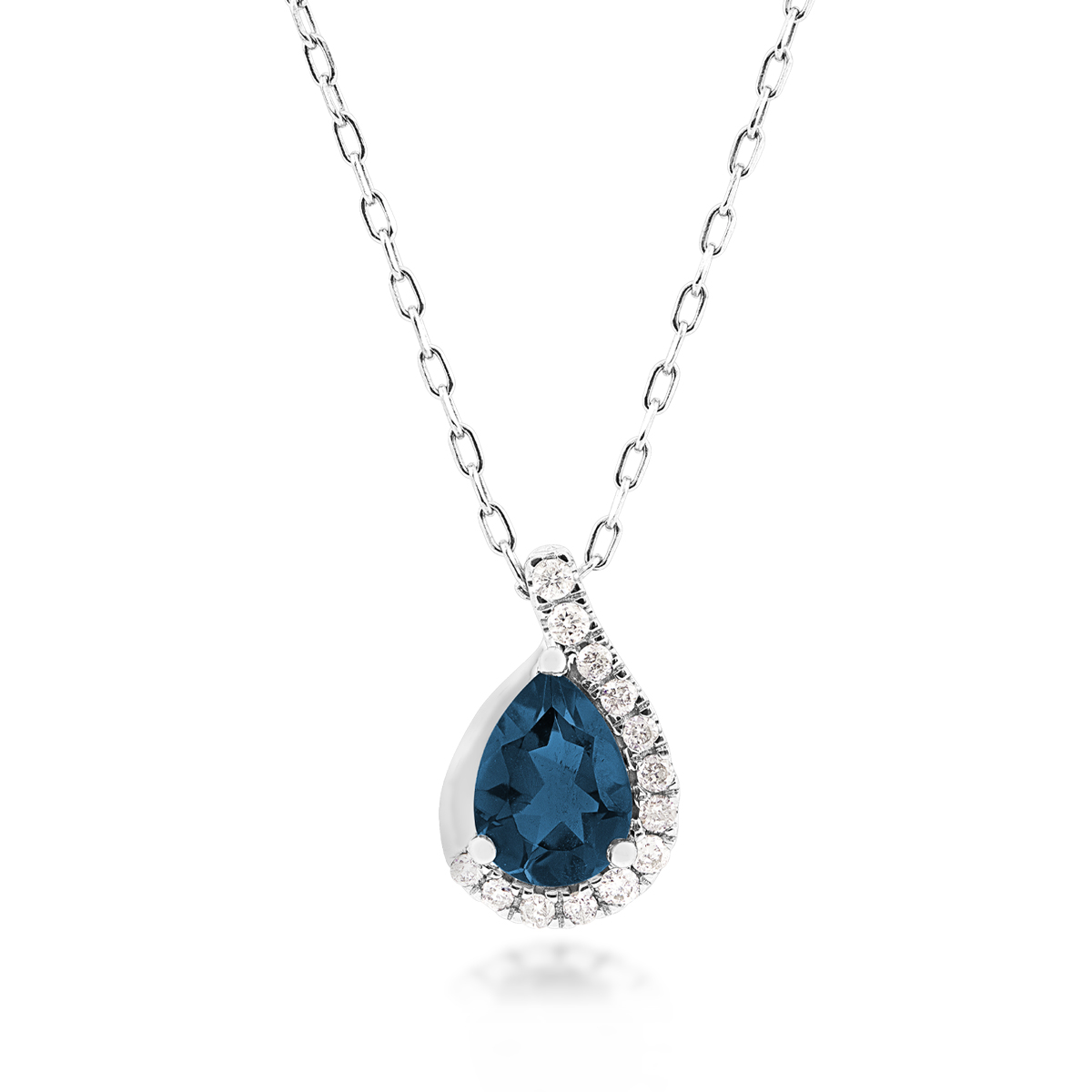 10K white gold American colors pear Montana sapphire and 1/10 ct. tw. diamond half halo pendant