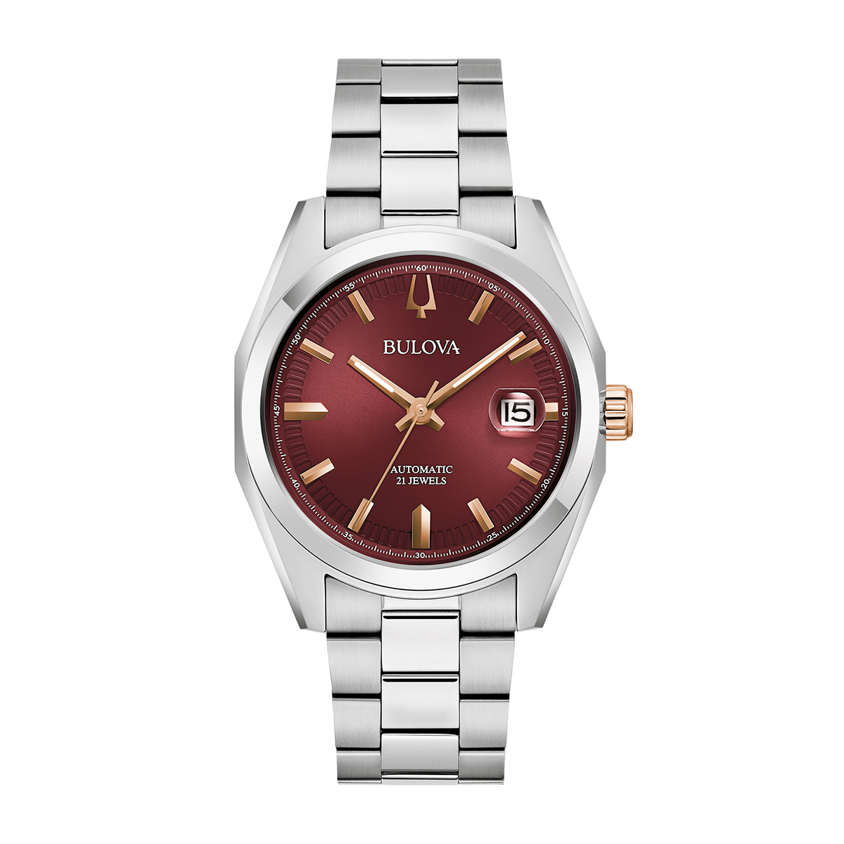 Stainless steel burgundy dial men's Bulova automatic watch