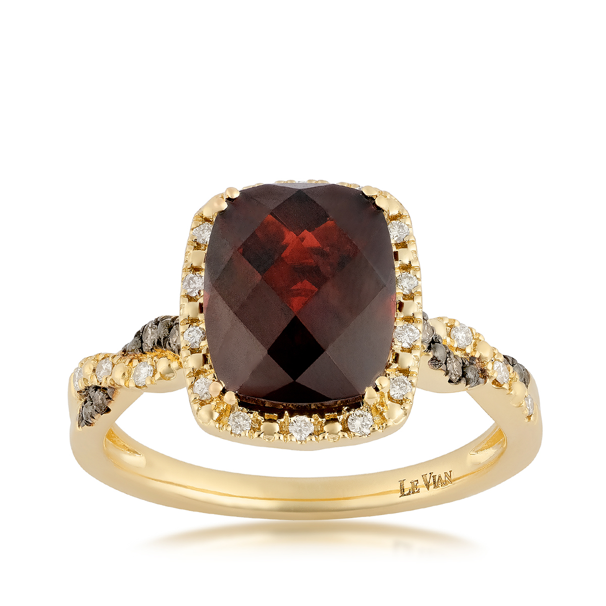 14K honey gold Le Vian cushion garnet and 1/7 ct. tw. chocolate and nude diamond halo ring
