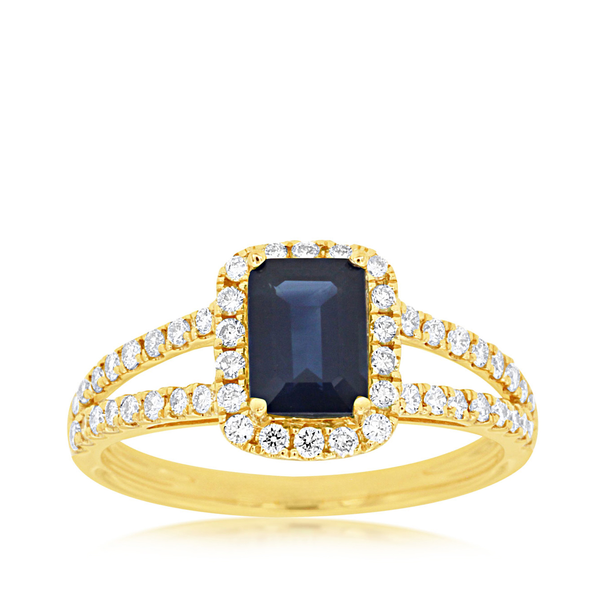 Emerald Cut Sapphire & 3/8 ct. tw. Diamond Halo Split Shank Ring in 14K Yellow Gold