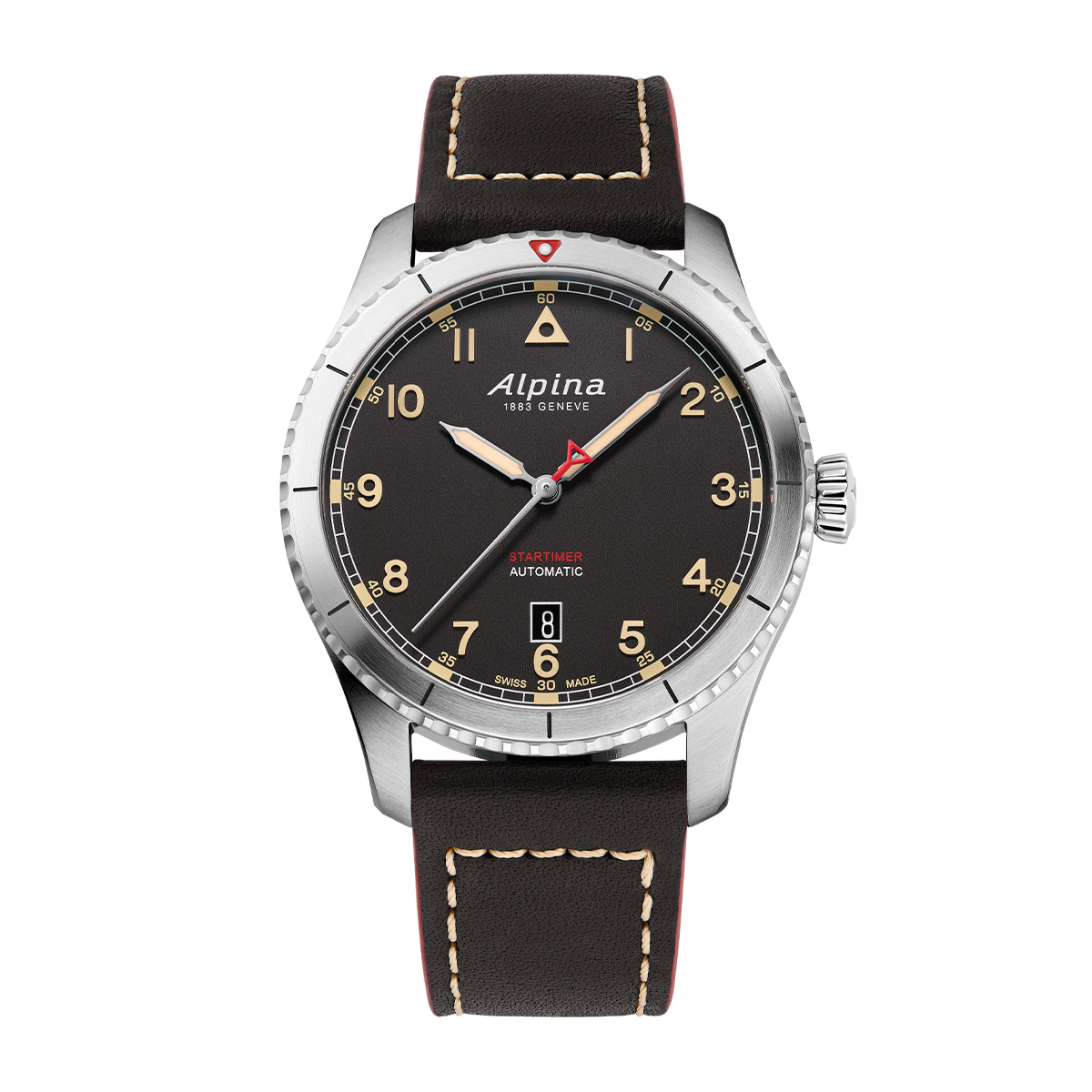 Alpina Men's Startimer Pilot Automatic Stainless Steel Watch with Black Dial & Leather Strap