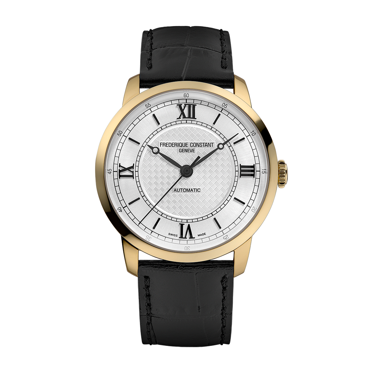 Frederique Constant Men's Premiere Automatic Gold-Tone Stainless Steel Watch with Silver Dial & Black Leather Strap