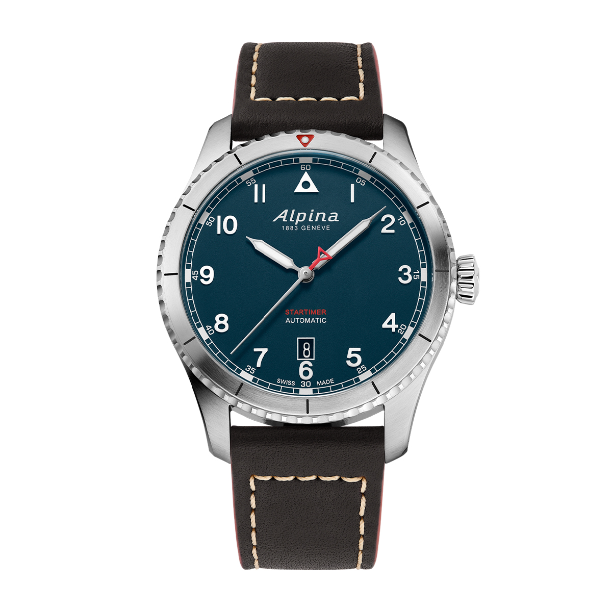 Alpina Men's Startimer Pilot Automatic Stainless Steel Watch with Blue Dial & Brown Leather Strap
