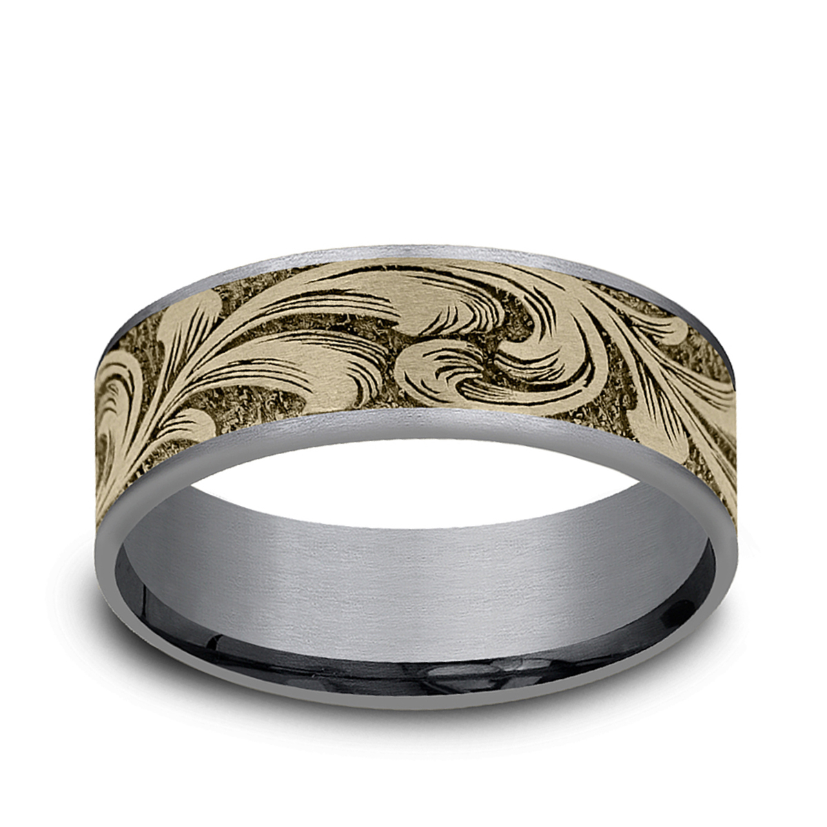 Men's 7.5mm Barrel Script Wedding Ring in Gray Tantalum & 14K Yellow Gold