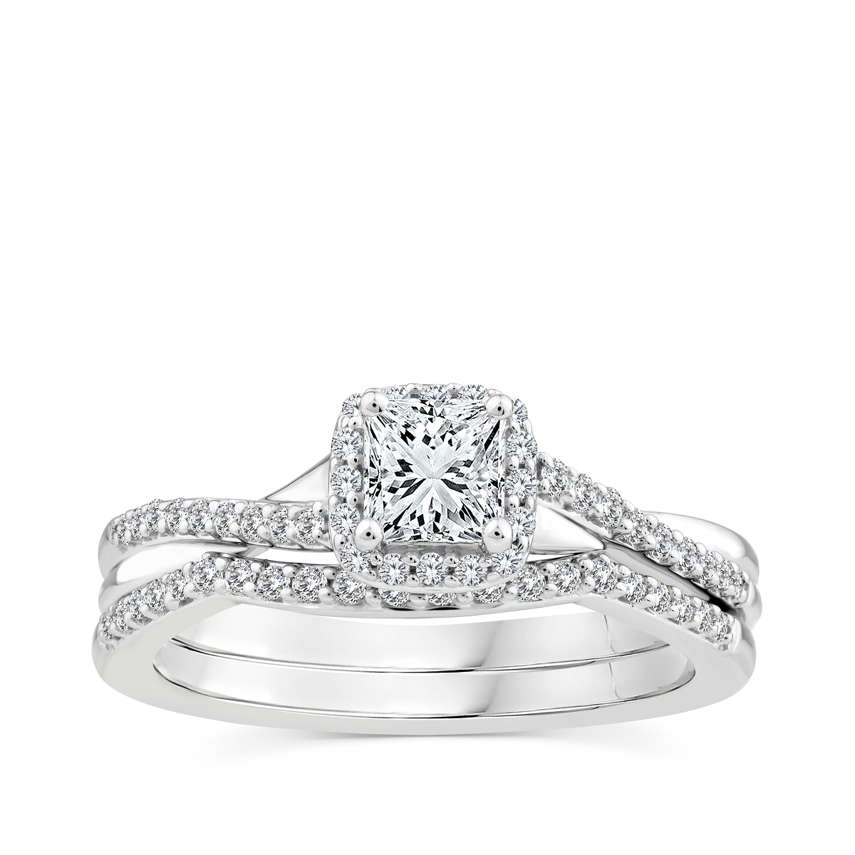 Noventa 3/4 ct. tw. Princess Cut Diamond Halo Wedding Set in 14K White Gold